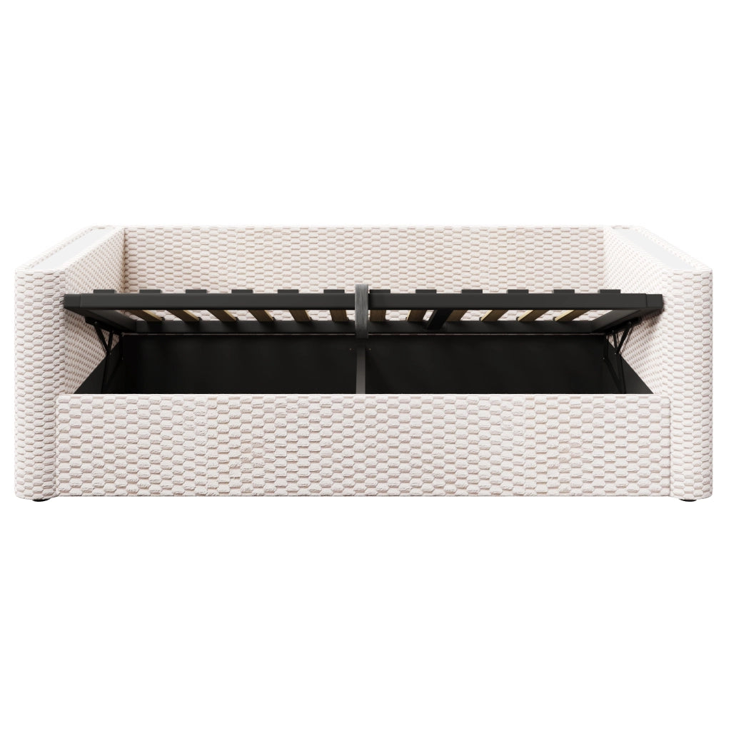 Divano letto in velluto beige 90x200 cm con contenitore idraulico e luci LED