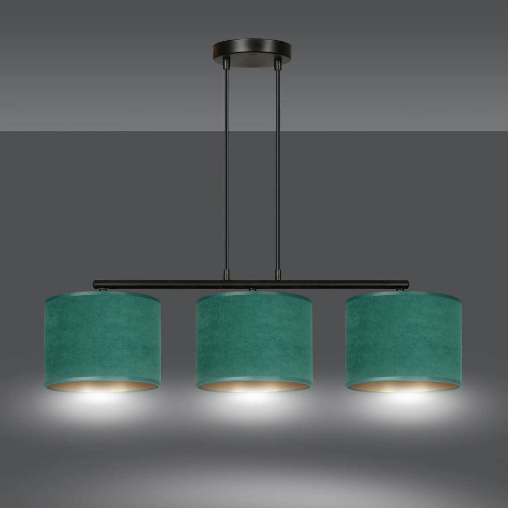 Lampadario 3 Luci Ganesha In Acciaio Nero E Paralumi In Tessuto Verde