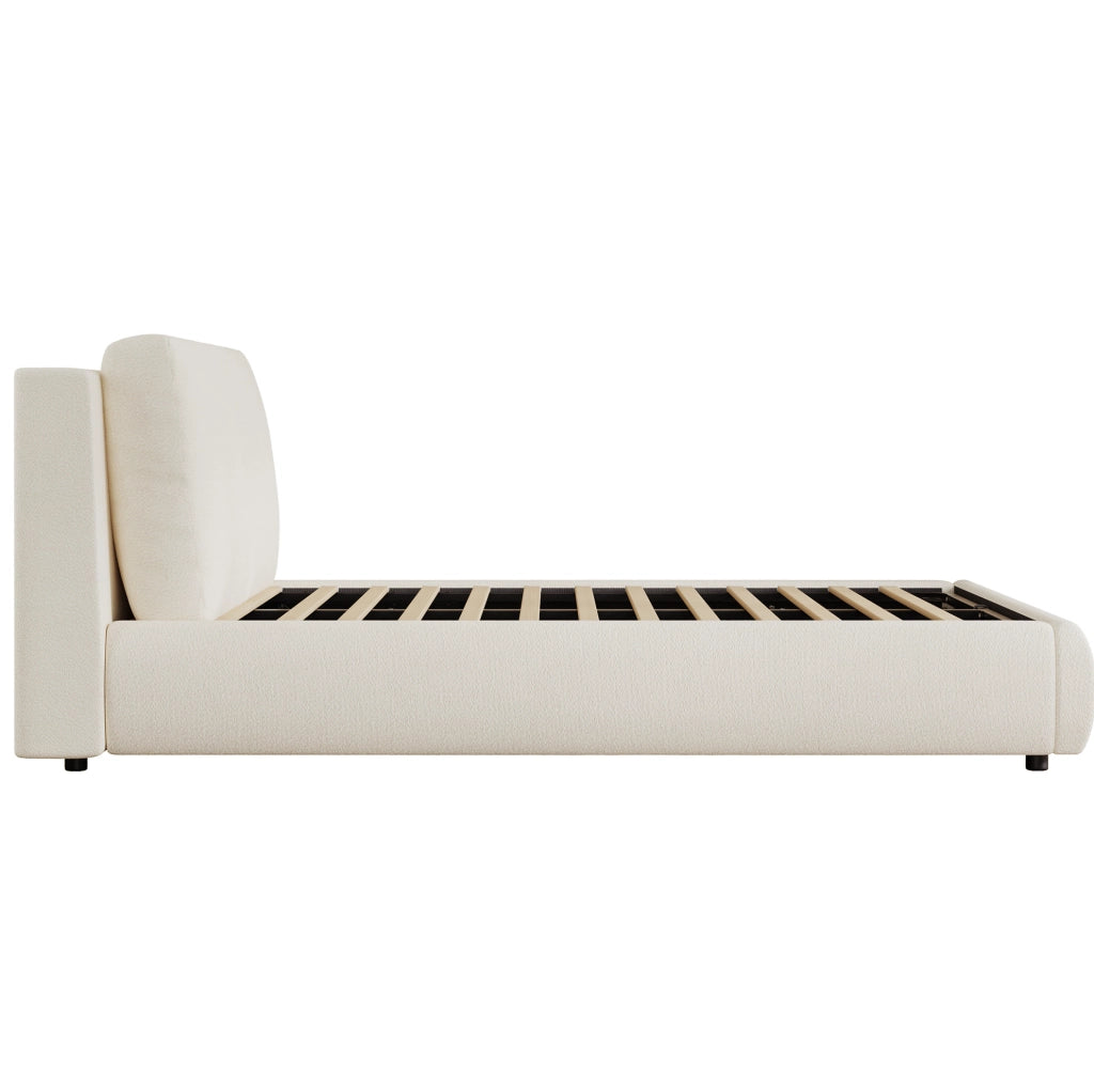 Letto matrimoniale imbottito 180x200 cm con contenitore; rete a doghe e testiera in bouclé beige