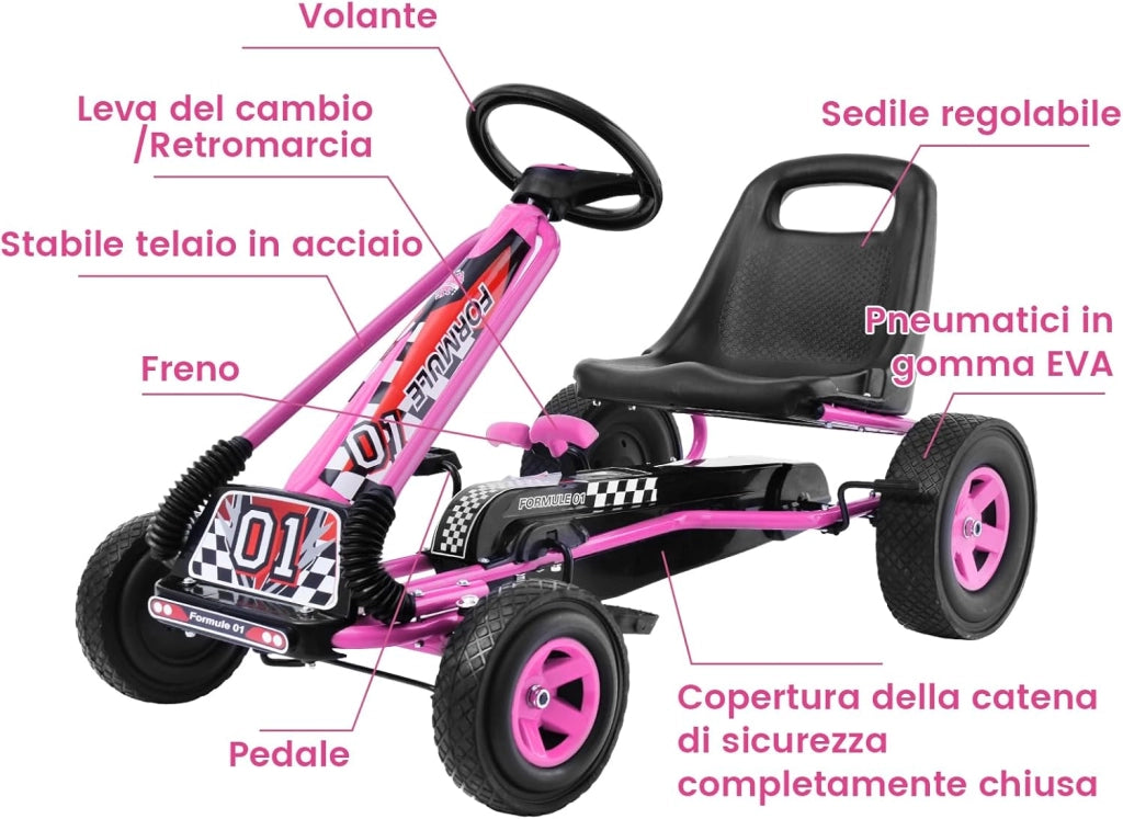 Go Kart a Pedali per Bambini, con Sedile Regolabile e Freno a Mano, Go Kart Veicolo per Bambini 3-8 Anni, Portata Massima 30 kg (Rosa)
