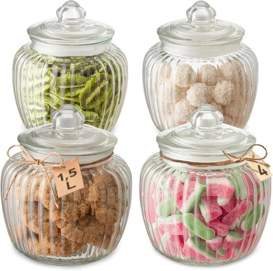 Set di 4 vasi da gelato in vetro con coperchio - 1,5 L - Resistenti al lavastoviglie - Vasi da gelato in vetro con coperchio