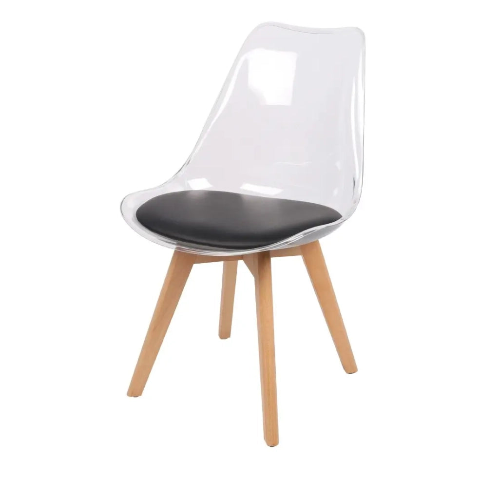 Set di 4 sedie trasparenti con seduta in PU nero e gambe in legno - Collezione JOIE