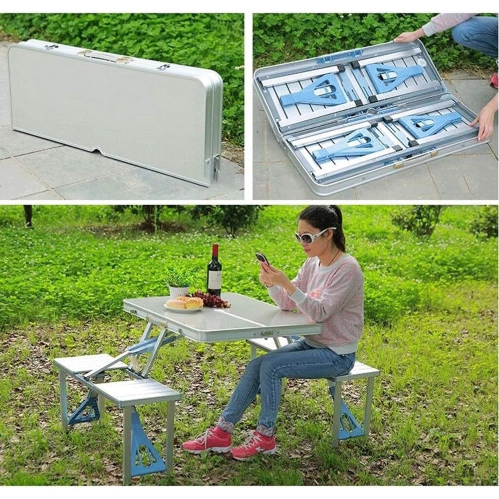 Trade Shop - Set Tavolo Pieghevole In Alluminio Pic Nic Campeggio Portatile Valigia Con Panca A 4 Posti - Argento