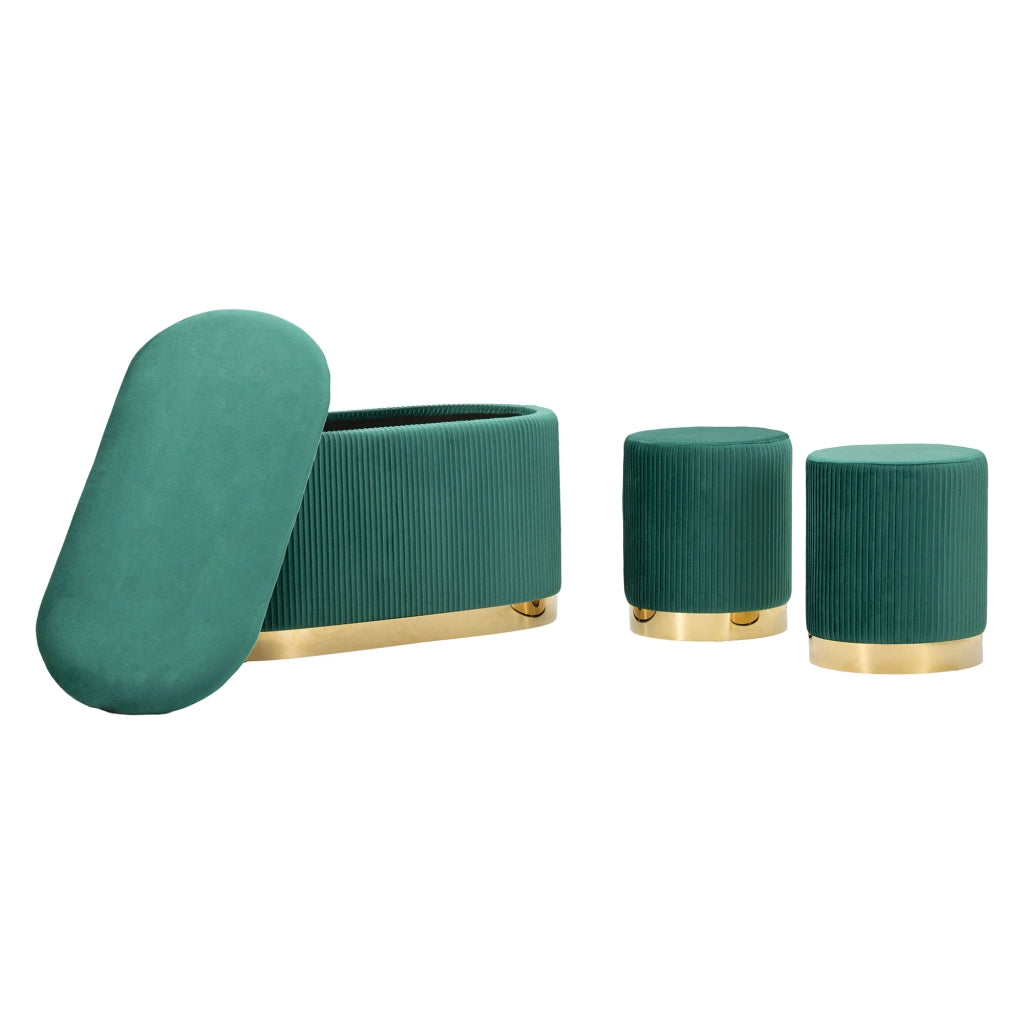 Soroti, Panca con due Sgabelli, Panca Contenitore, 80x37x42h cm Verde