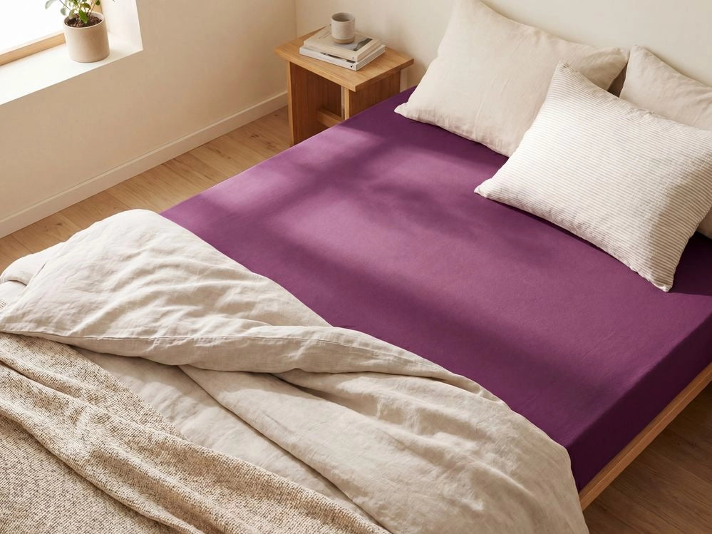 Lenzuolo con angoli cotone bordeaux 90 x 200 cm con bordi elastici modello classico a tinta unita camera da letto classica