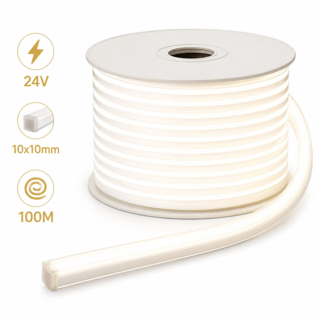 24V Bobina Striscia Led Neon Flex Da Incasso 10X10mm, 100 Metri, IP65 11W/M 660lm/M, Tagliabile Dove Vuole (Bianco Freddo 6500K)