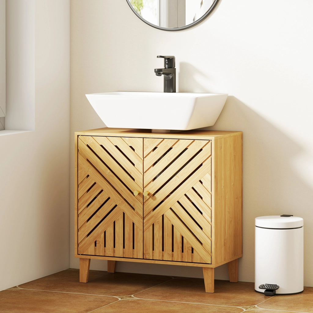 Mobiletto Sottolavabo in Bamb¨´ con Ripiano Regolabile e Ante a Listelli ¨C Zephmum ¨C Naturale 60x30x60 cm