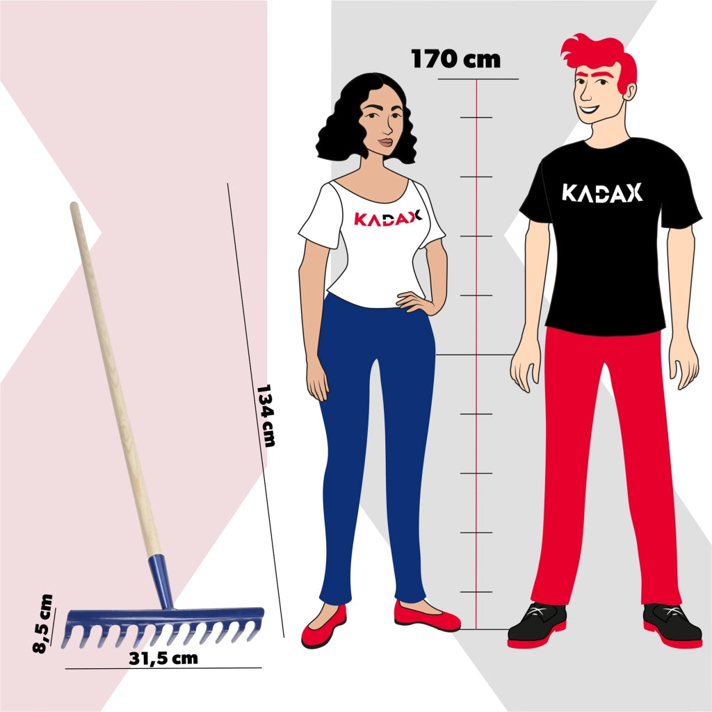 Rastrello da giardino KADAX con manico in legno, 140 cm, in acciaio temprato, a 12 denti
