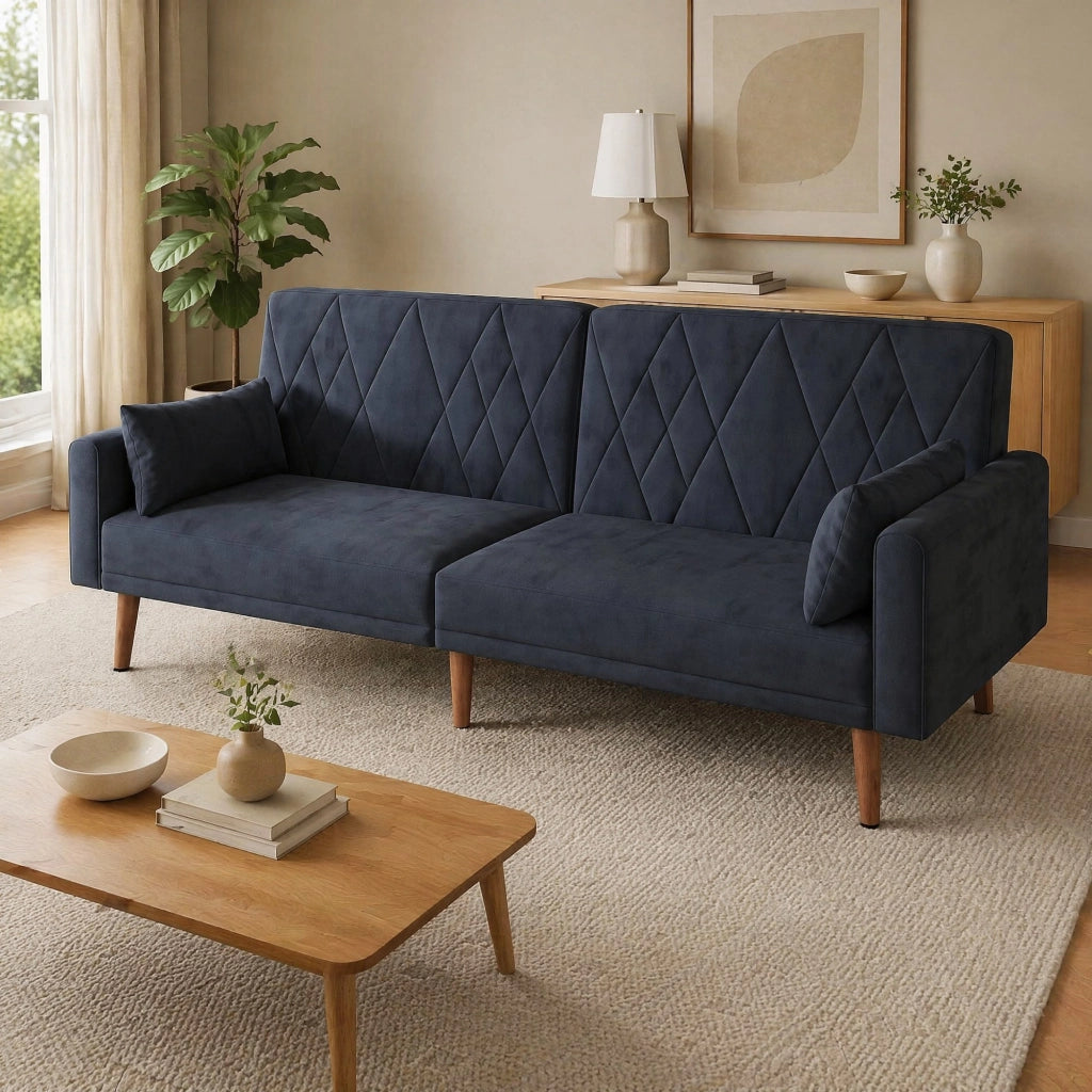 Divano letto a 2 posti in velluto nero; schienale e braccioli regolabili; 180x75x82 cm