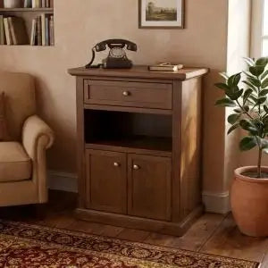 Mobiletto entratina in legno noce scuro arte povera, 2 ante 1 cassetto 1 vano