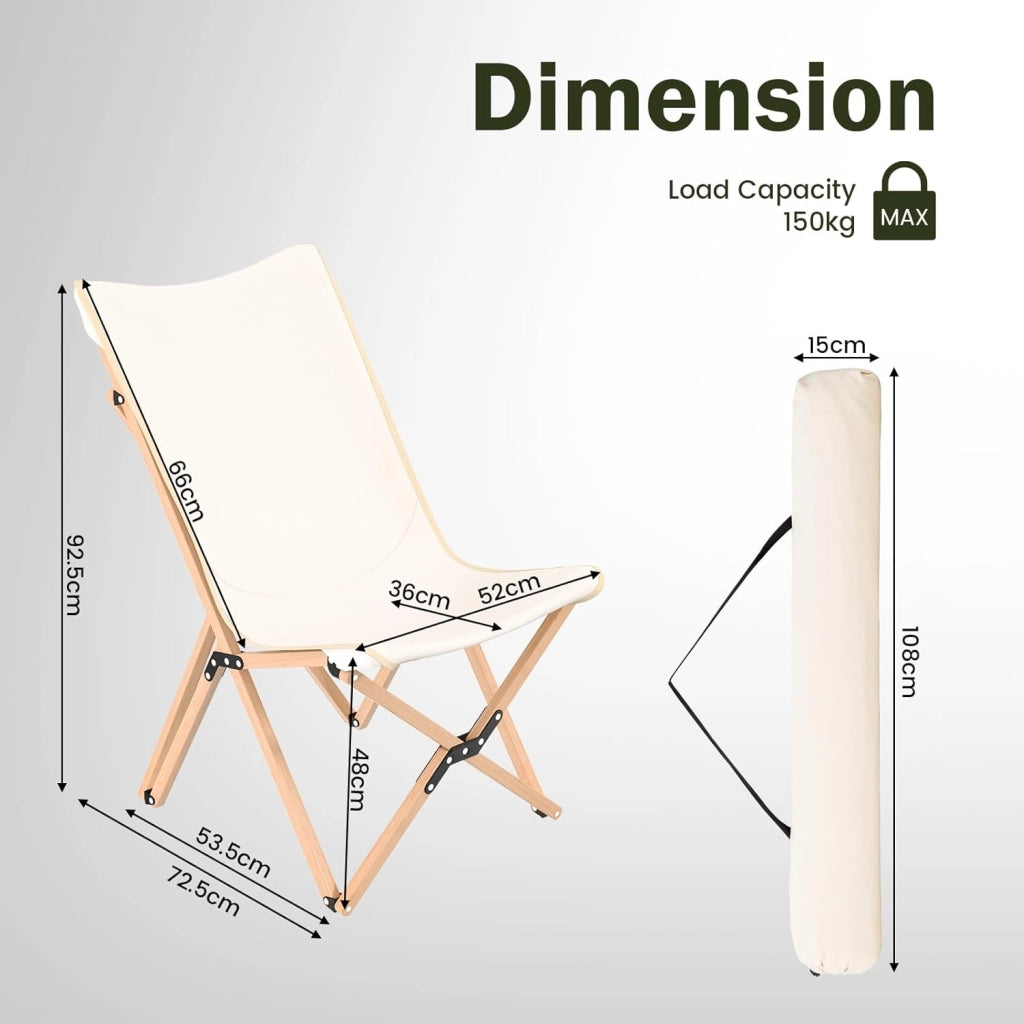 Set di 2 sedie a sdraio, sedia da giardino con tasca laterale, sedia pieghevole in bambù, con borsa per il trasporto, sedia da spiaggia fino a 150 kg, per campeggio, pesca (beige)