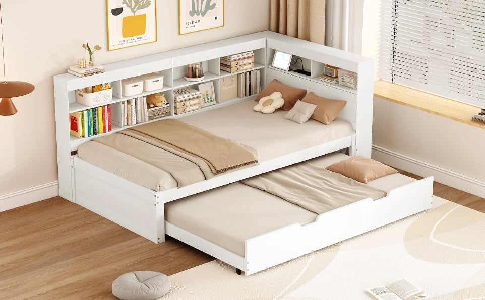 Letto multifunzione in legno 90x200 cm con letto estraibile, USB e vani contenitivi