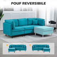 Divano Componibile a L con Braccioli e Poggiapiedi 222x154.5x71 cm in Tessuto Effetto Lino Blu e Nero