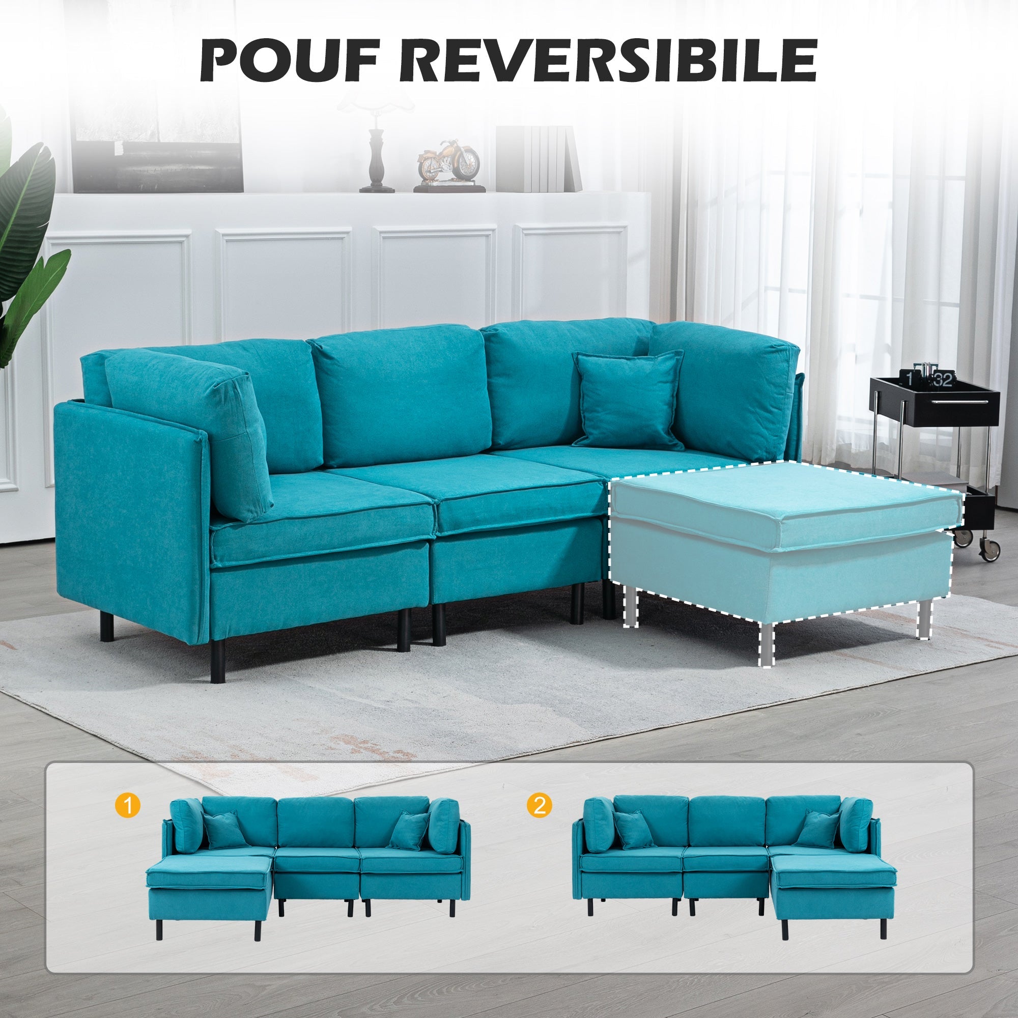 Divano Componibile a L con Braccioli e Poggiapiedi 222x154.5x71 cm in Tessuto Effetto Lino Blu e Nero