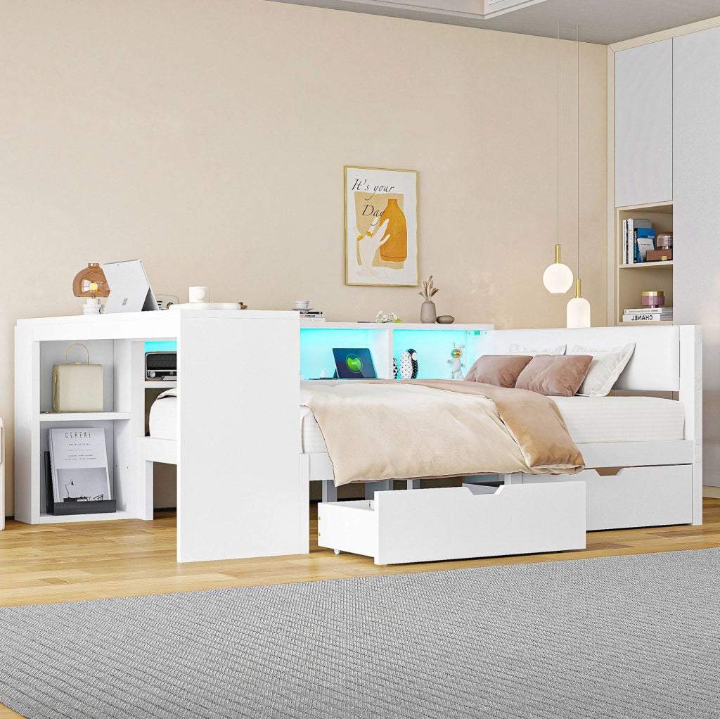 Letto piattaforma ULEVR 140x200 cm con 2 cassetti, LED a 7 colori, prese e USB, bianco