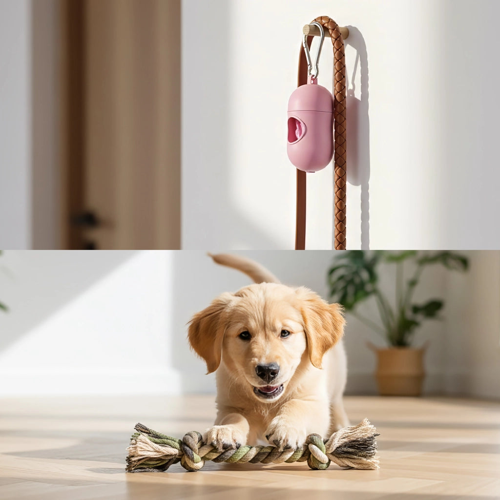 Set Accessori per Cani con Cuccia Lavabile Antiscivolo 61x48x18 cm, 2 Ciotole, Gioco in Corda 28 cm e Porta Sacchetti con 15 Sacchetti Kit Completo per Animali Domestici