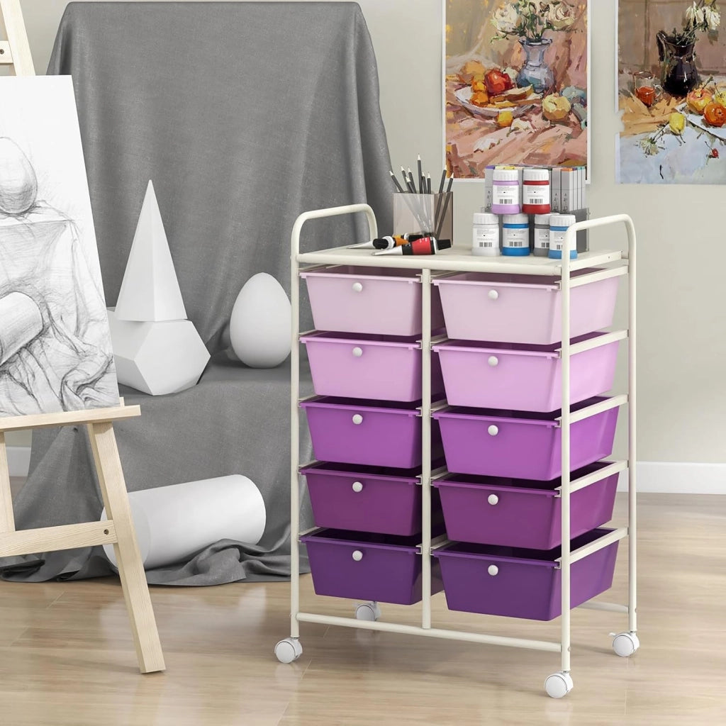 Carrello con 10 cassetti, impilabile, per cassetti, da cucina, bagno, ufficio, 65,5 x 37 x 87 cm (viola)
