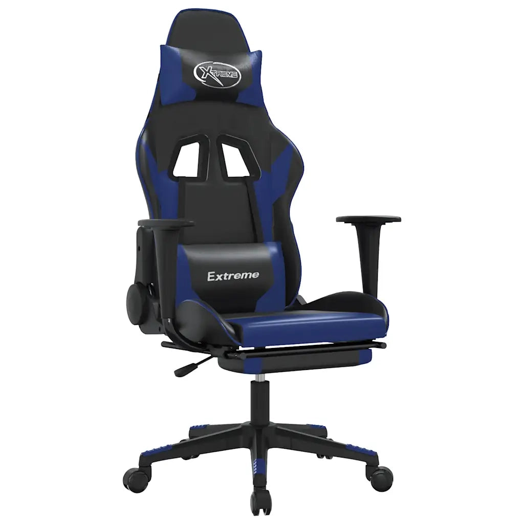 Sedia da Gaming | Sedia da e-sports Massaggiante Poggiapiedi Nero e Blu Similpelle