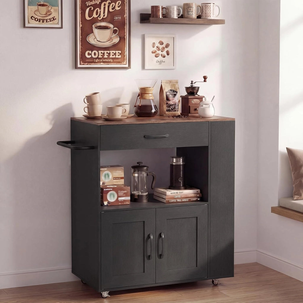 Credenza da Cucina su Ruote, Isola Mobile, Carrello da Servizio con Cassetto e 3 Ripiani, 2 Colori, 75 x 46 x 90,5 cm (Nero)