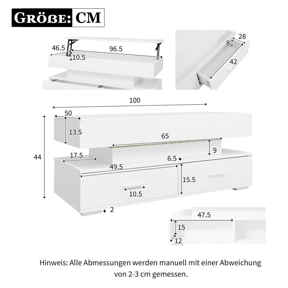 Tavolino da Salotto Sollevabile con LED e Cassetti ¨C Xylo ¨C Bianco, 100x50x44