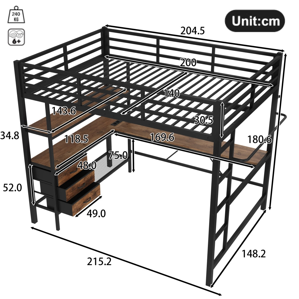 Letto a Soppalco 2 Posti con LED; Scrivania; USB; 3 Cassetti e Mensole 140 × 200 cm; senza Materasso