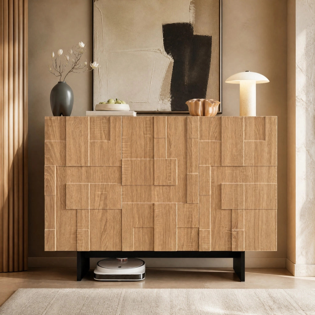 Credenza con 3 ante e ripiani regolabili - per soggiorno - in MDF e bambu - 105×33.5×76 cm