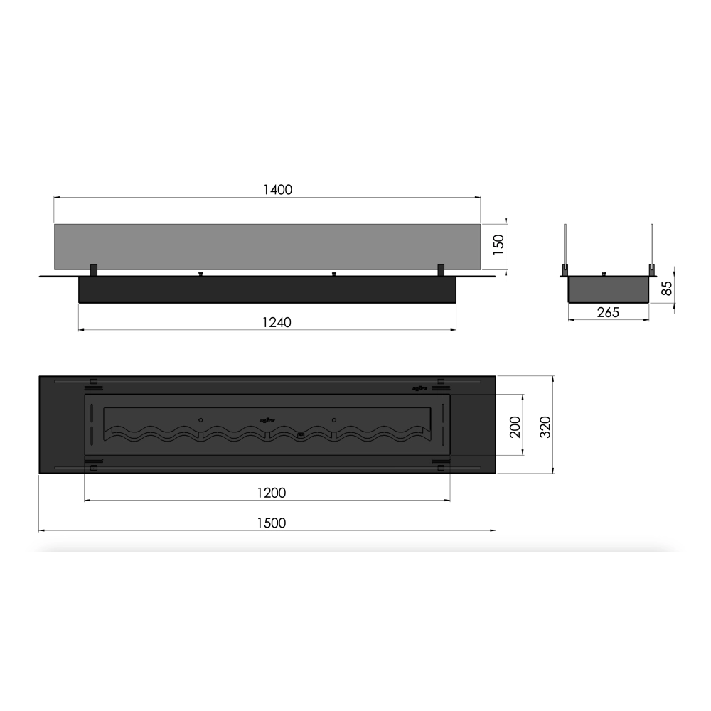 Bruciatore Inserto a Bioetanolo 150cm in Inox nero da incasso o appoggio da 5 lt con vetri inclusi