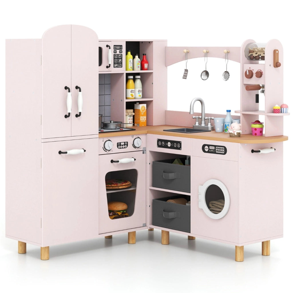 Cucina giocattolo ad angolo per bambini set cucina in legno con frigorifero a doppia porta-Cucina giocattolo con contenitori in tessuto Rosa