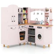 Cucina giocattolo ad angolo per bambini set cucina in legno con frigorifero a doppia porta-Cucina giocattolo con contenitori in tessuto Rosa