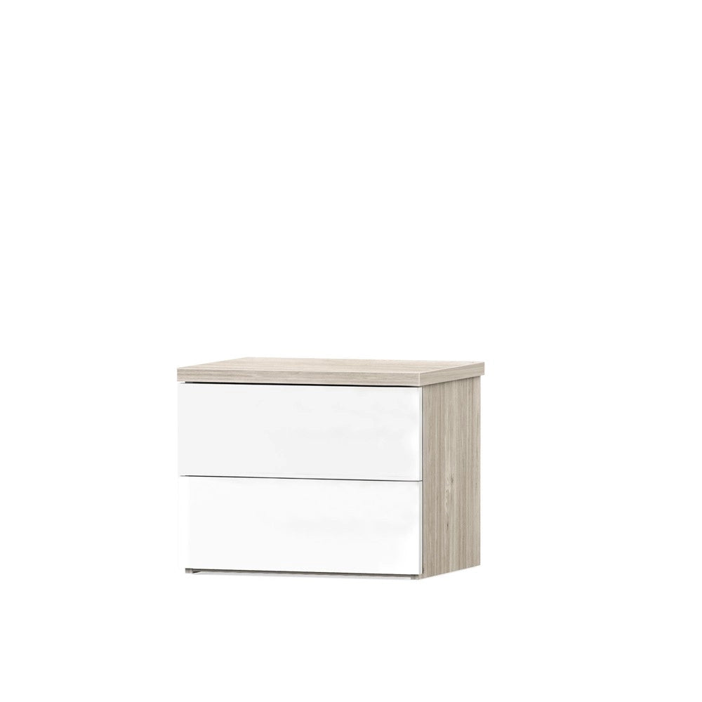 Comodino Melodia 2 Cassetti Rovere Sbiancato e Bianco Lucido – Design Moderno Senza Maniglie