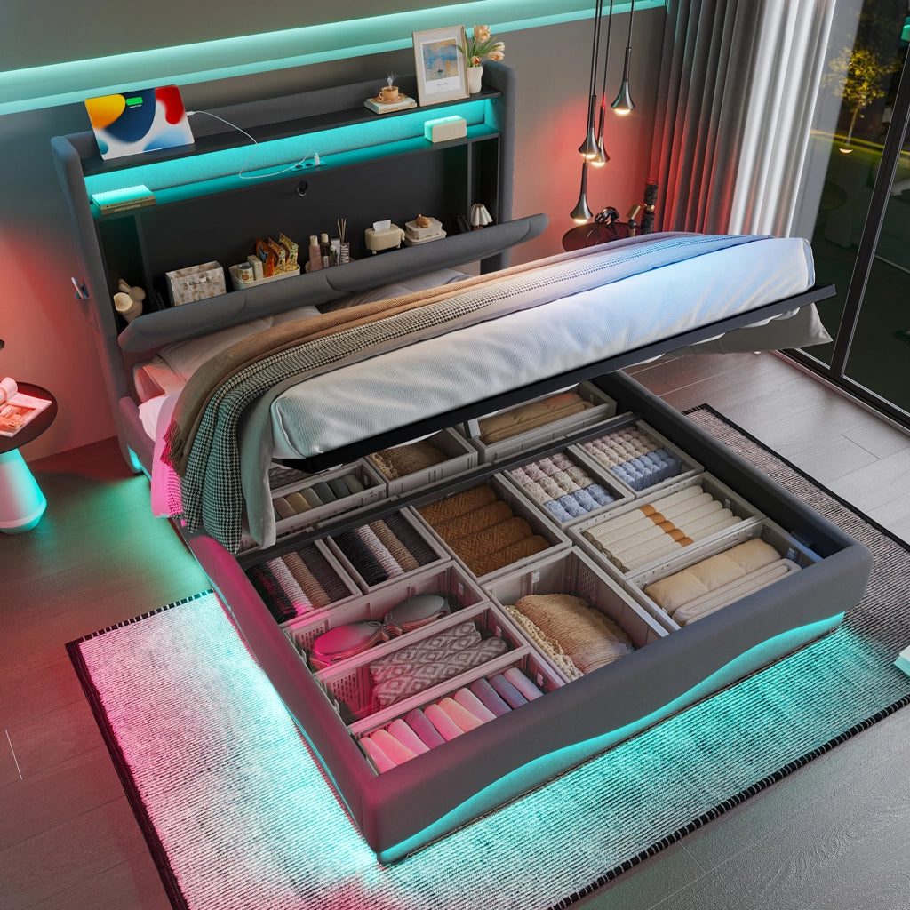 Letto Contenitore 140 × 200 cm 2 posti con LED, USB e Type-C, senza materasso, in velluto, grigio