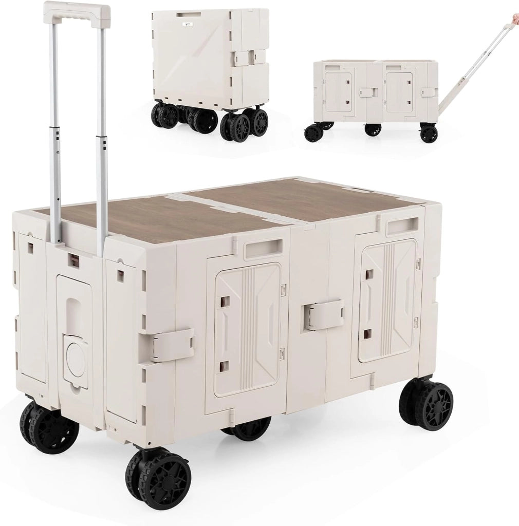 Carrello da Spiaggia Pieghevole 150 L, Carrello con Ruote Portatutto con Armadio a 2 Livelli e Manico Telescopico in Metallo, Carretto Giardino Portatile per Campeggio, Portata 120 kg (Bianco)