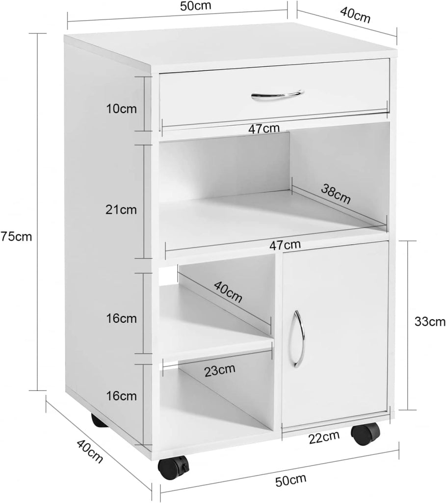 Cassettiera Ufficio Cassettiera Scrivania con Ruote Porta Stampante Schedario da Ufficio con Cassetto, Anta e Ripiani Tavolino Salvaspazio Bianco 50x40x75cm FBT106-W