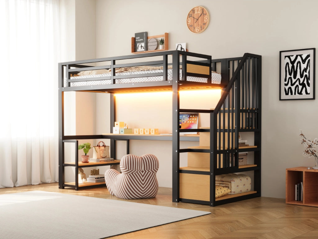 DESMIU Letto a soppalco 90 × 200 cm 1 posto con scrivania, ripiani e scala contenitore, senza materasso, metallo, nero