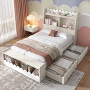 LETTO Singolo 90x200 cm con Cassetti, Scaffali e Modulo contenitore Bianco e Rovere