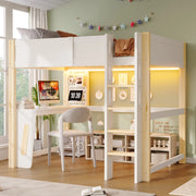 Letto a soppalco per bambini 140x200 cm, letto rialzato con scrivania integrata, pannello forato, illuminazione LED, pino, naturale e bianco