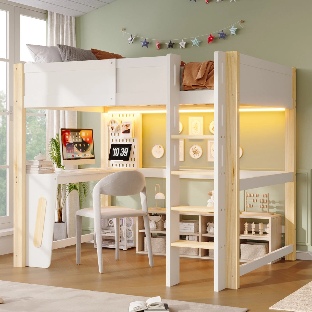 Letto a soppalco per bambini 140x200 cm, letto rialzato con scrivania integrata, pannello forato, illuminazione LED, pino, naturale e bianco