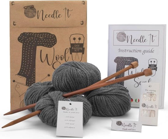 Kit di iniziazione completo con lana e aghi - Per creare la tua sciarpa - Idea Regalo (Grigio)