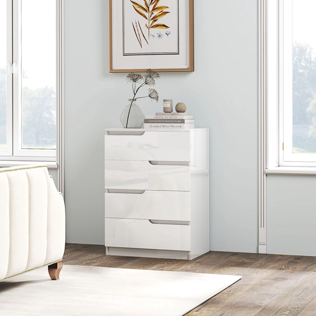 Cassettiera 4 Cassetti Moderna e Minimal in Legno, 60x40x85 cm, Bianco Lucido