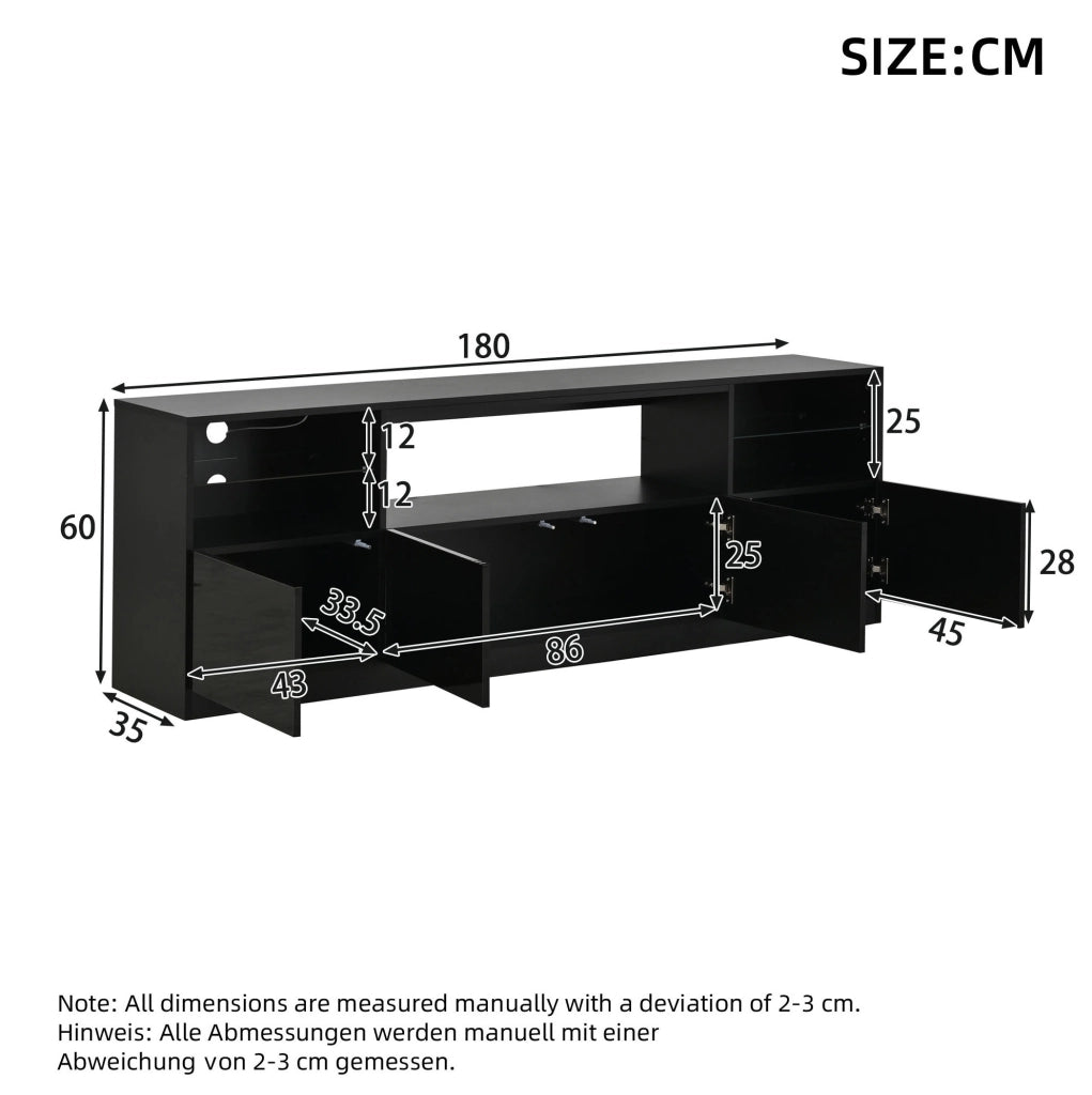 Mobile TV 180x35x60 cm con illuminazione LED; 4 ante e 8 vani; pannello truciolare nero