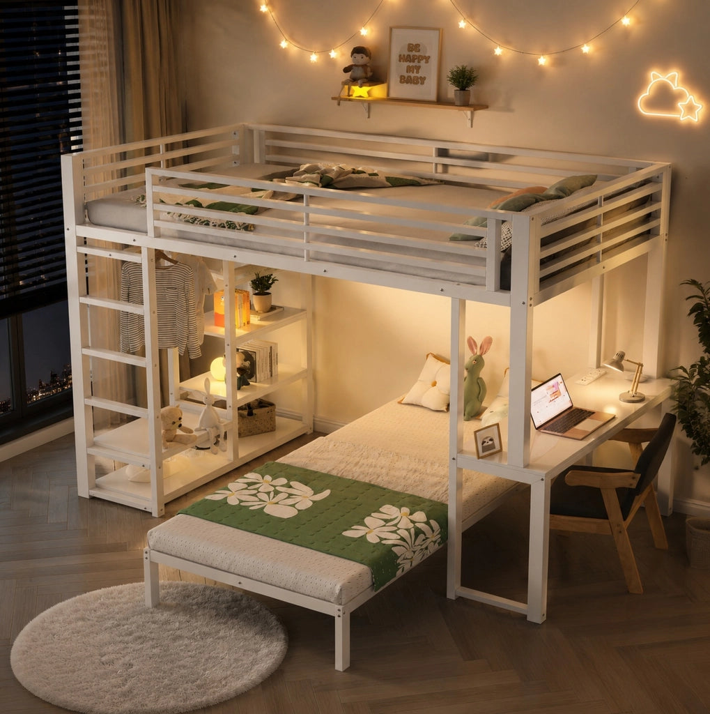 Letto a soppalco 90x200 cm con scrivania e scaffali bianco