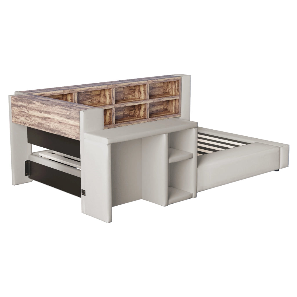 Letto imbottito 90 x 200 cm con testiera imbottita, vani contenitore integrati, LED, prese e comodino laterale, grigio chiaro
