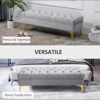 Panca Imbottita Fondoletto in Tessuto Vellutato e Base in Metallo Dorato, 118x45x42cm, Grigio
