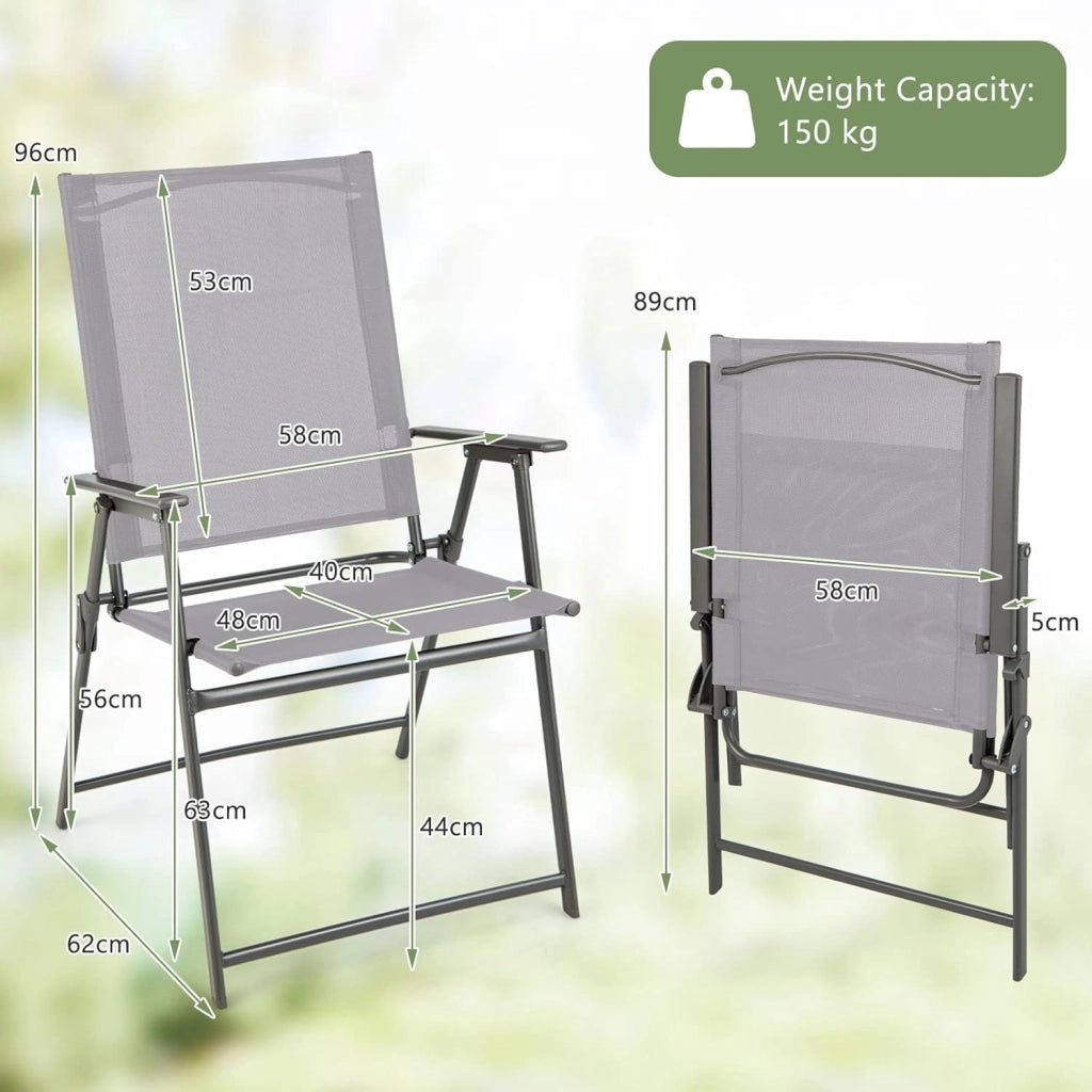 Set di 4 sedie da giardino pieghevoli, con schienale alto e bracciolo, in metallo e tessuto, portata fino a 150 kg, colore: grigio