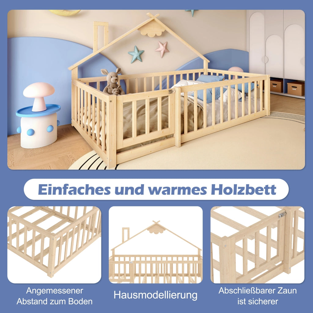 DESMIU Letto casetta letto per bambini 1 posto con barriera di sicurezza, 90 × 190 cm, senza materasso, pino