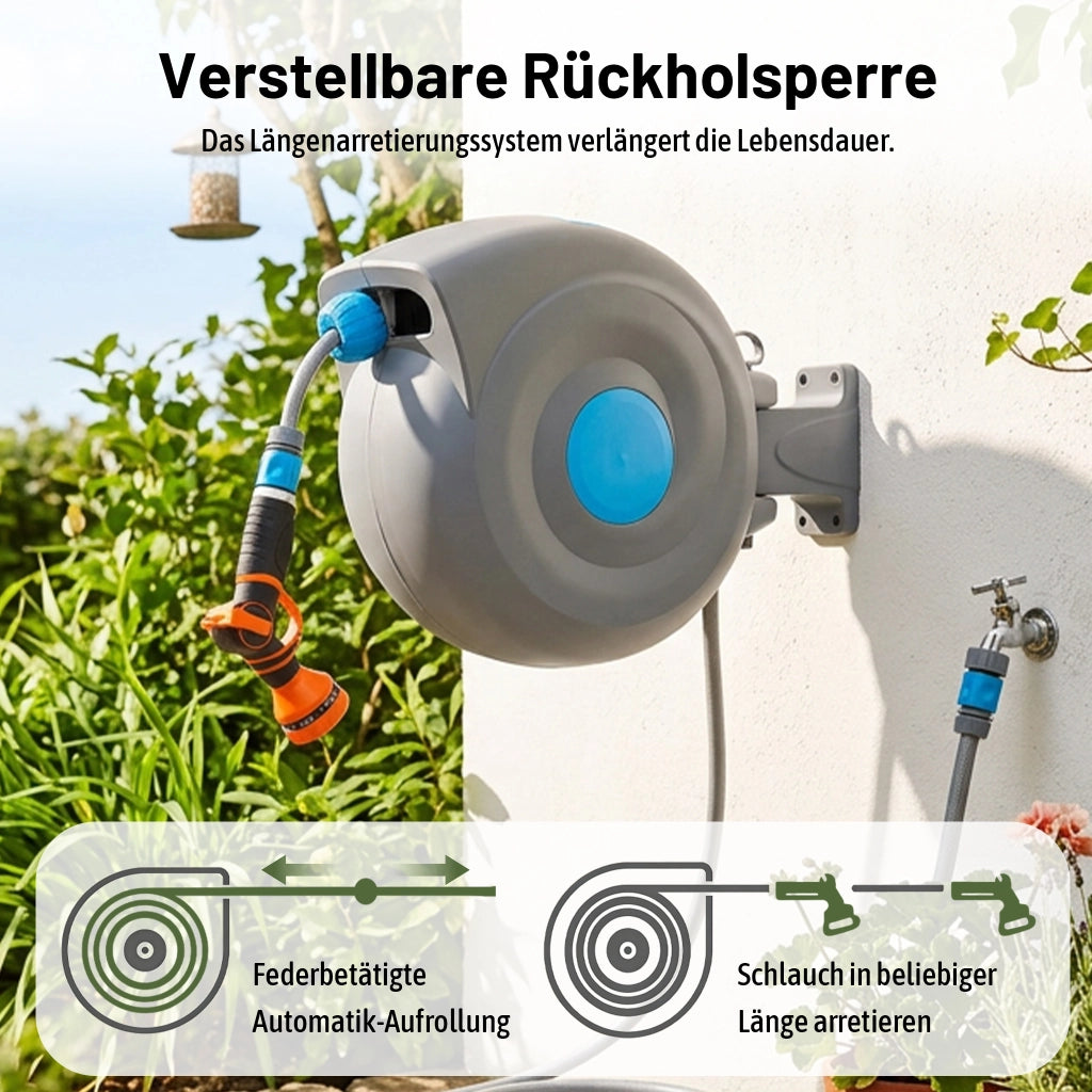 Avvolgitubo da 20 m a parete con riavvolgimento automatico, avvolgitubo da giardino e pistola a spruzzo 9 in 1, resistente ai raggi UV e al gelo,