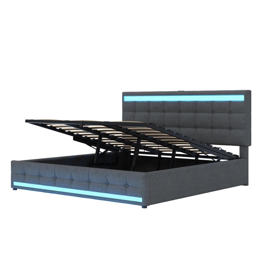 Letto imbottito matrimoniale 180x200 cm con LED RGB, USB integrati e contenitore del comfort moderno, Grigio