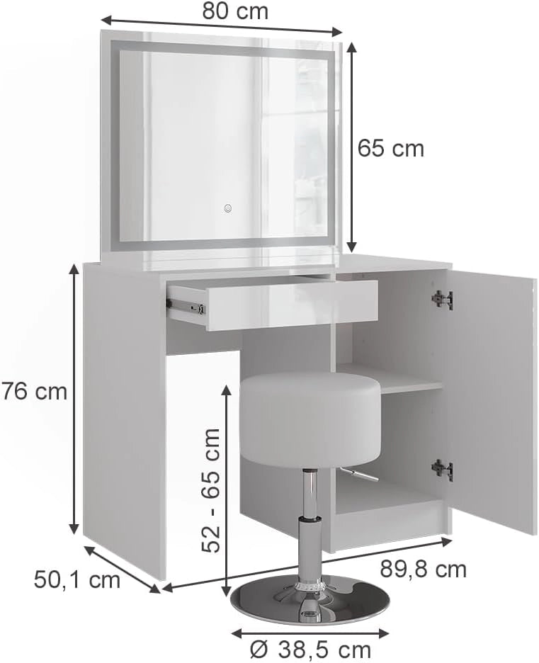 Tavolo da toeletta Sherry, Bianco/bianco lucido, 89.8 cm con specchio LED e sgabello, per l’uso quotidiano come postazione trucco e acconciatura
