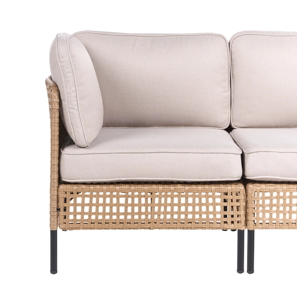 Divano da esterno con tavolino in rattan PE beige chiaro a 2 posti con struttura in metallo cuscini per seduta e schienale piano in vetro stile moderno