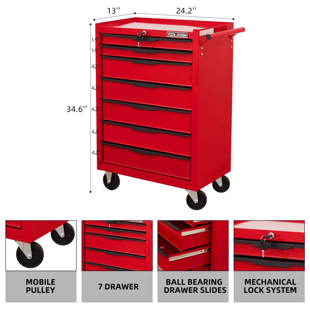 Scaffale con 7 cassetti e ruote, sistema di chiusura con chiave, per garage e officina, metallo rosso 615 × 330 × 860 mm